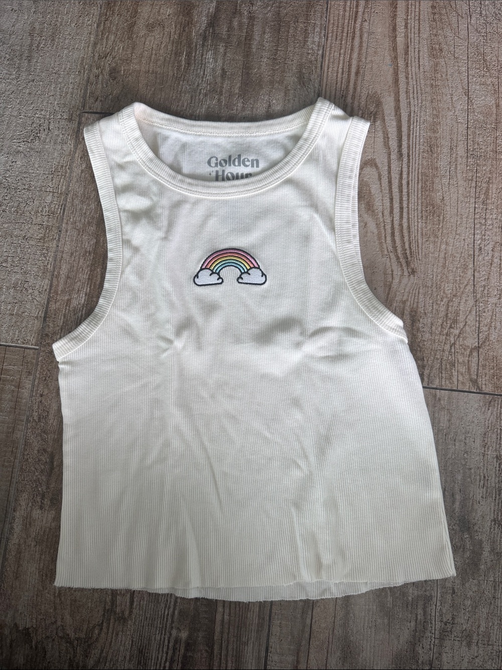 Cream Ribbed Tank with Rainbow Patch
